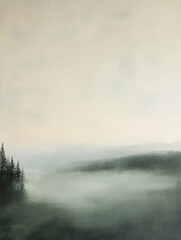 Fototapeta premium Misty Morning Landscape with Dark Green Trees