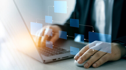 Digital technology of business process and workflow automation with flowchart and processing...