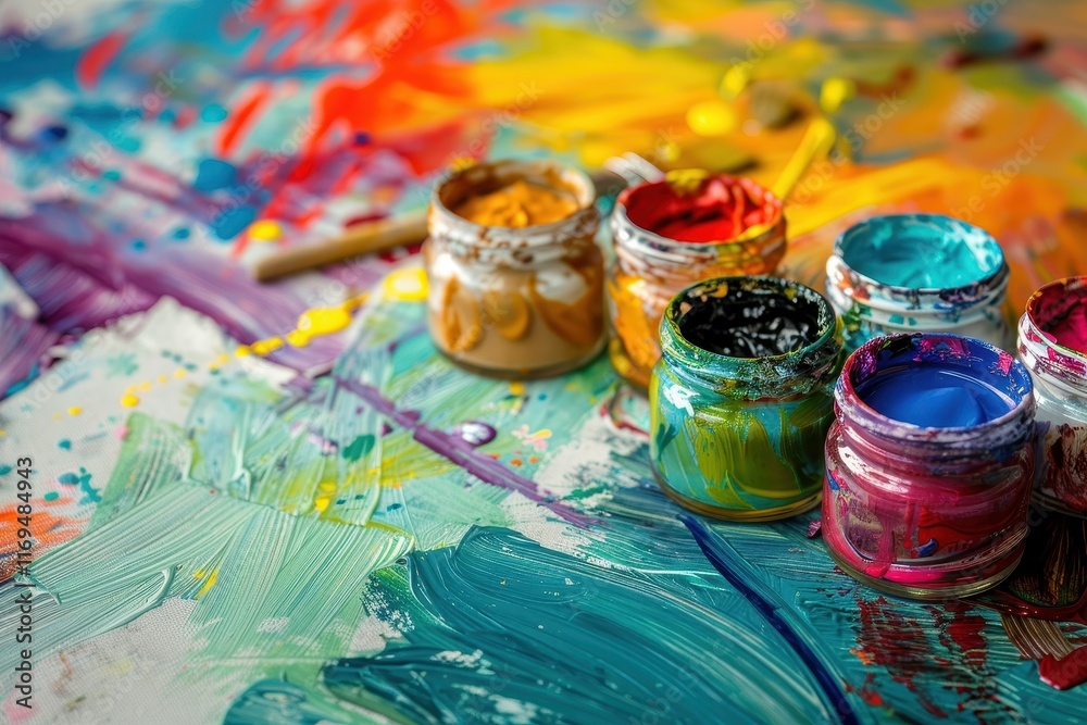 Fototapete vibrant brushes resting on a colorful palette filled with a variety of paint colors ready for artist