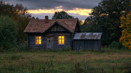 Obraz premium Cozy rustic wooden house with glowing windows at sunset