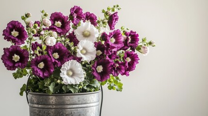 Fototapeta premium A refined bouquet of deep purple and white hollyhocks in a polished metal bucket, captured with soft, even lighting against a minimalist background.