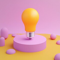 Bright yellow light bulb on a pastel colored background.