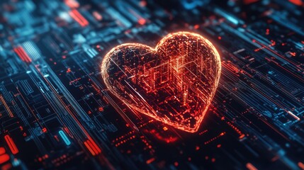 Red digital heart in cyberspace. Virtual reality, programming and information technology of the future. Artificial intelligence, code data and cybersecurity. St. Valentine's Day love concept