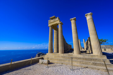 Acropolis at Lindos in paradise landscape scenery - travel destination on beautiful island Rhodes, Greece