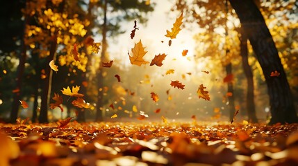 A golden autumn forest with leaves falling gently to the ground and a carpet of orange and red leaves