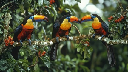 Obraz premium Three Colorful Toucans on a Branch in Lush Tropical Rainforest