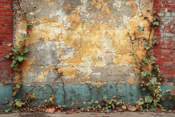 Weathered wall with peeling paint and climbing vines. A mix of textures and colors creates a rustic backdrop.