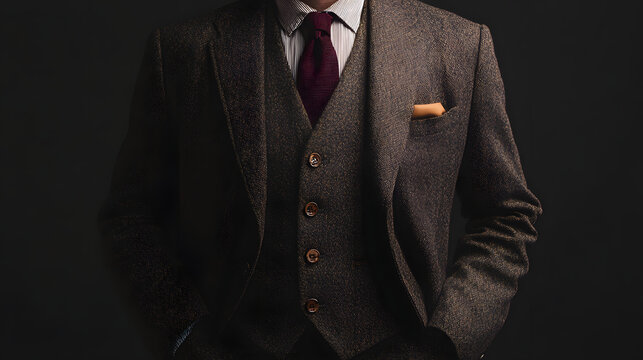 Classic menswear: A man in a textured three-piece suit.