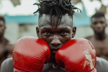 A boxer stands with his red gloves raised to his face, ready for a fight. 