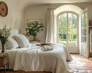 Bright bedroom with white linens, French doors, and terracotta tile floor.