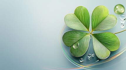 Bright green four-leaf clover adorned with a subtle rainbow and water droplets on a serene backdrop