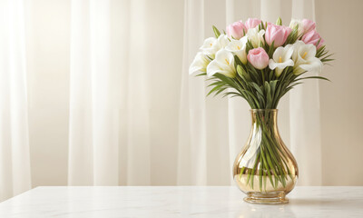Tropical Elegance (Calla Lilies Protea Palm Leaves) sleek, modern vase filled with clear water, holding a refined bouquet