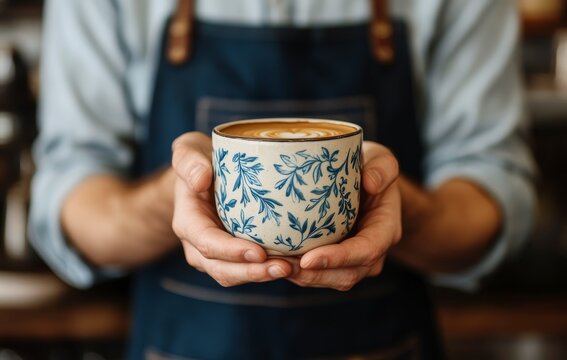 Barista serves beautifully crafted latte in decorative cup at cozy coffee shop