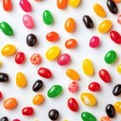 Colorful jellybeans spread across a white surface creating a vibrant and sweet display of treats