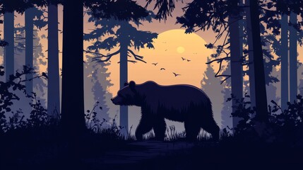 Silhouette of a bear walking in a forest at sunset. (1)