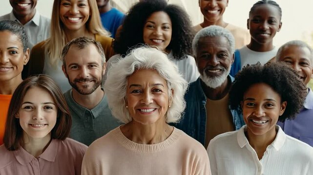 Diverse people of various ages and ethnicities standing together, sharing smiles and joy in a friendly and inclusive environment, highlighting community bonds