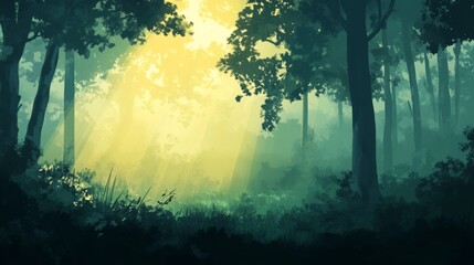 Obraz premium Sunlit forest path, misty morning, green trees.