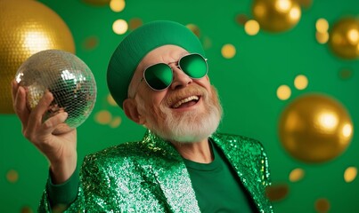 Naklejka premium man with a bread wearing leprechaun costume with a ginger beard and sunglasses, holding a disco ball and background is green and fully covered in golden confetti. St. Patrick day concept.