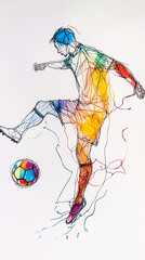 Obraz premium Dynamic Artistic Illustration of a Soccer Player in Motion with Colorful Strokes and Abstract Lines Representing Energy and Passion for the Sport