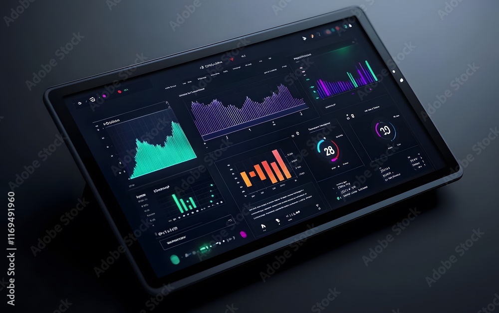 Poster a modern tablet displaying dynamic data visualizations and graphs on a dark background, perfect for 
