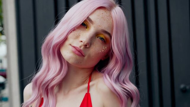 Tattooed Woman with Pink Hair in Red Bikini Holding a Cigarette