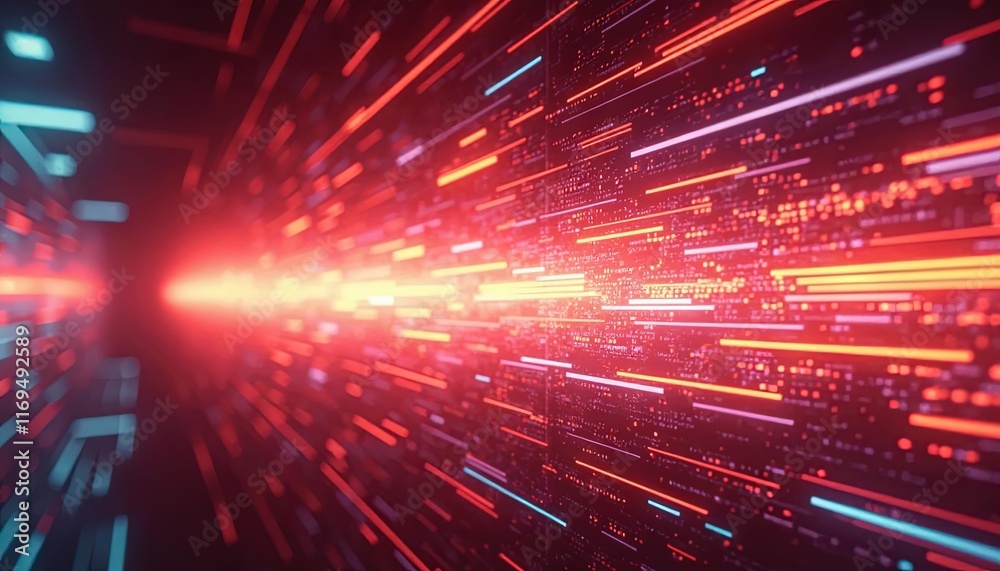 Poster Futuristic light beams and glowing trails in motion creating a tunnel effect with speed lines