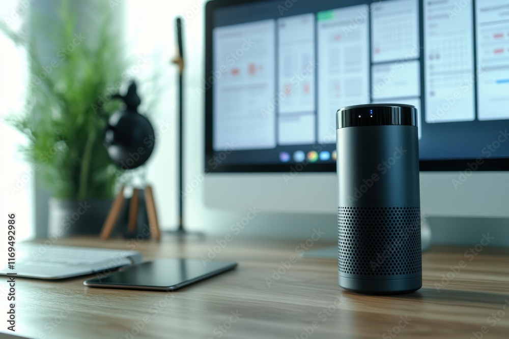 Poster modern workspace featuring a smart speaker and computer monitor in a stylish office setup
