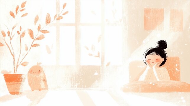 日差しが降り注ぐ部屋でリラックスする女性