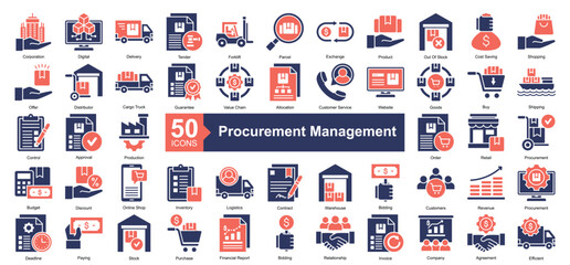 Procurement Management Icon Collection Set.Containing product, shopping, distributor, guarantee, value chain icon. Simple dual tone style Vector Illustration. © Syafii5758