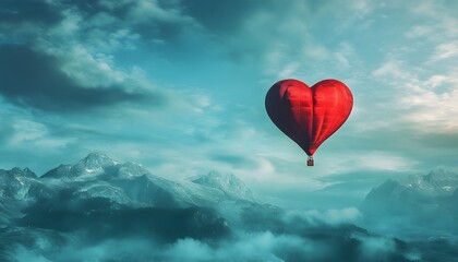 Fototapeta premium A stunning hot air balloon shaped like a heart floats gracefully in a serene sky above majestic mountains, symbolizing love and adventure. Perfect for romantic travel themes.