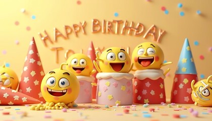 Obraz premium Joyful Emoji Birthday Celebration: 3D Rendered Emojis with Cake and Party Hats