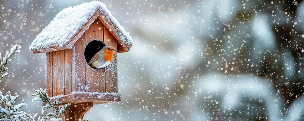 A bird peeking out a decorative birdhouse during a soft winter snowfall creating a serene seasonal moment