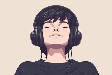 Young Person Enjoying Music with Headphones: Serene and Relaxed Expression