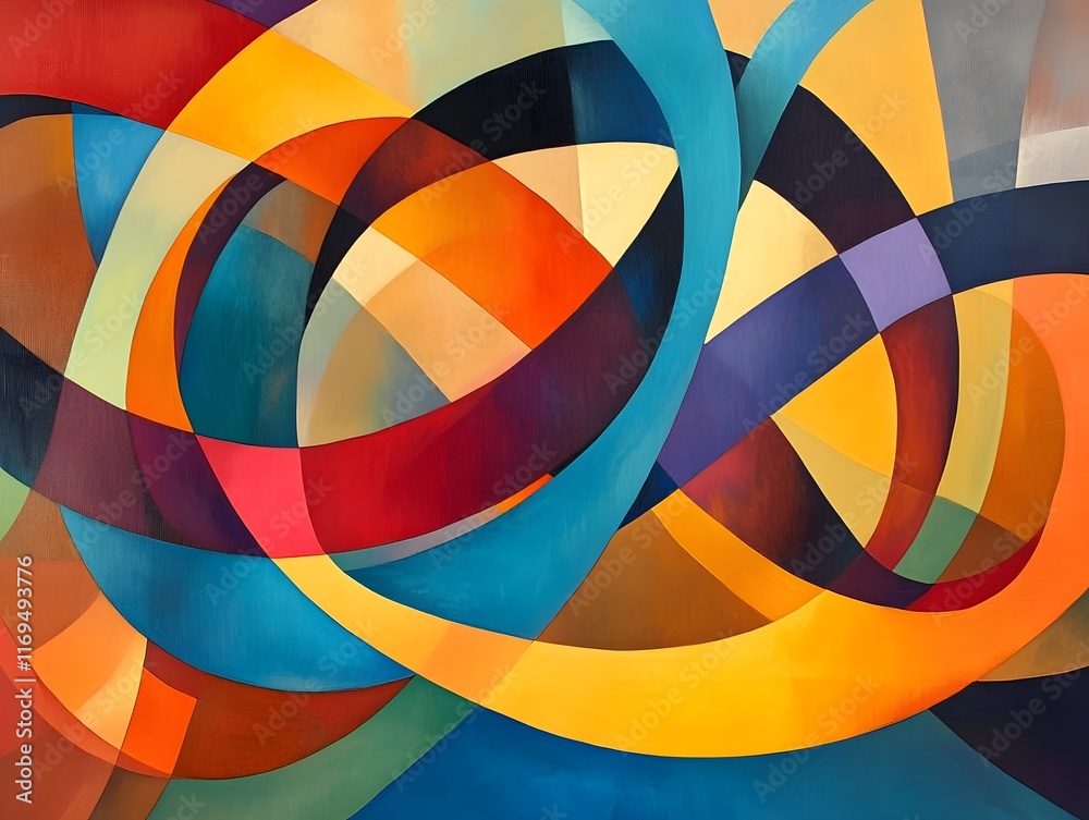 Poster a vibrant abstract design featuring intertwining shapes and colors, creating a dynamic visual experi