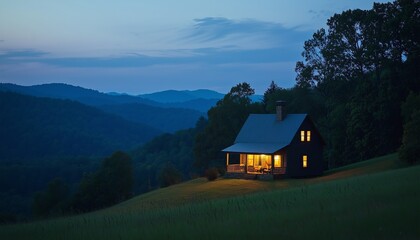 A peaceful mountain retreat illuminated by the warm light sunrise.