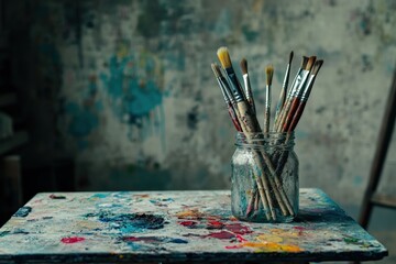 A glass jar filled with used paintbrushes sitting beside a color-splattered palette.