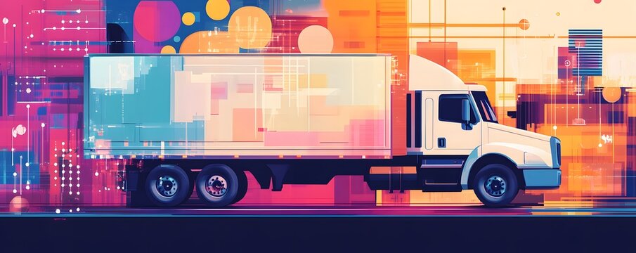 A vibrant and colorful illustration of a delivery truck moving through an abstract city landscape, symbolizing logistics, transport, and modern urban life