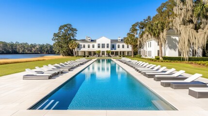 Fototapeta premium Luxury Estate with Lavish Pool and Serene Waterfront View