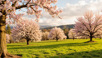 Fototapeta premium Cherry blossom trees blooming in spring meadow