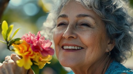 Obraz premium A Happy Senior Woman Enjoying the Fragrance of Vibrant Flowers in a Sunny Garden