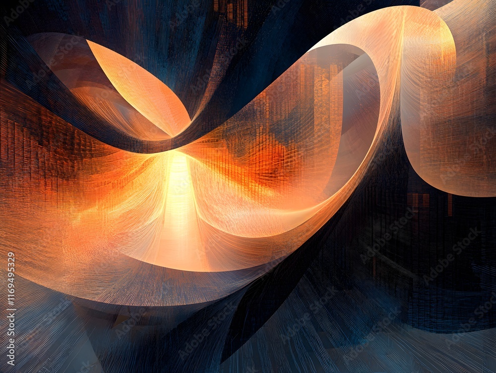 Poster an abstract digital art piece featuring dynamic curves and vibrant colors, creating a sense of movem