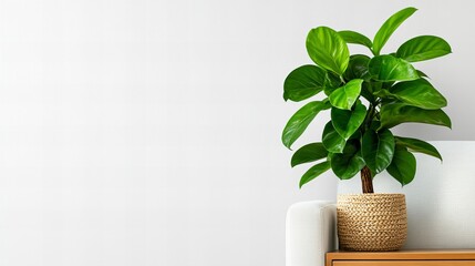 Lush green houseplant in a woven basket, adding a touch of nature to a minimalist interior. The vibrant green foliage contrasts beautifully with the neutral-toned wall and furniture.