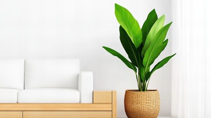 A vibrant green plant in a woven pot adds a touch of nature to a minimalist living room with a clean white couch and light wooden base.