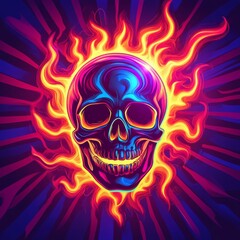Chrome skull engulfed in vibrant, multicolored flames against a radial background.
