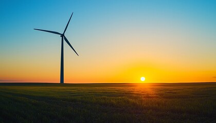 Obraz premium A lone windmill stands silhouetted against the brilliant hues sunrise over open fields.