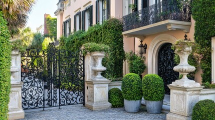 Naklejka premium Ornate Wrought Iron Gates with Ivy-Covered Walls