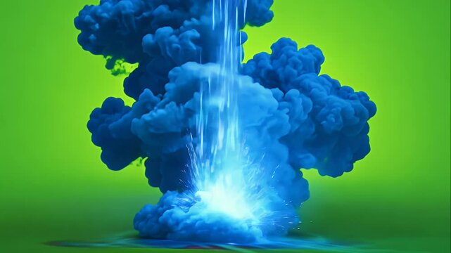 Chemical explosion with bright green and blue fire, reactive bursts, and glowing mist on a vivid green background