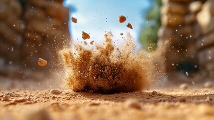 A burst of dirt and small rocks explodes in a cloud of brown dust against a blurred background. The impact is captured in a stunning moment of suspended motion.