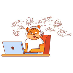 PrintCharacter is a tiger boy in play video games on pc.Child gamer enjoy on computer.Gaming laptop and headphones.Isolated on white background.Young school kid tiger.Playing computer game.