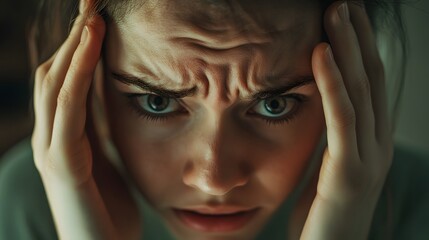A close-up portrait of a young woman expressing intense frustration and stress, with her hands on her head. The image captures a moment of mental struggle and emotional turmoil.